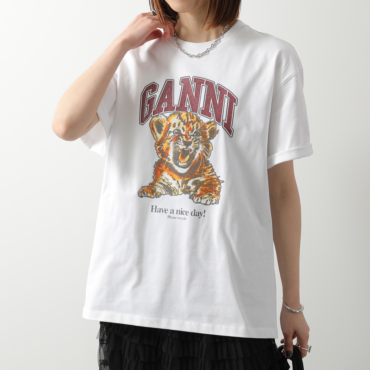 GANNI ガニー 半袖 Tシャツ Heavy Cotton Jersey Beaded Baby Tiger Print  A1050060 レディース カットソー ロゴ コットン 151/Bright-Whiteの画像