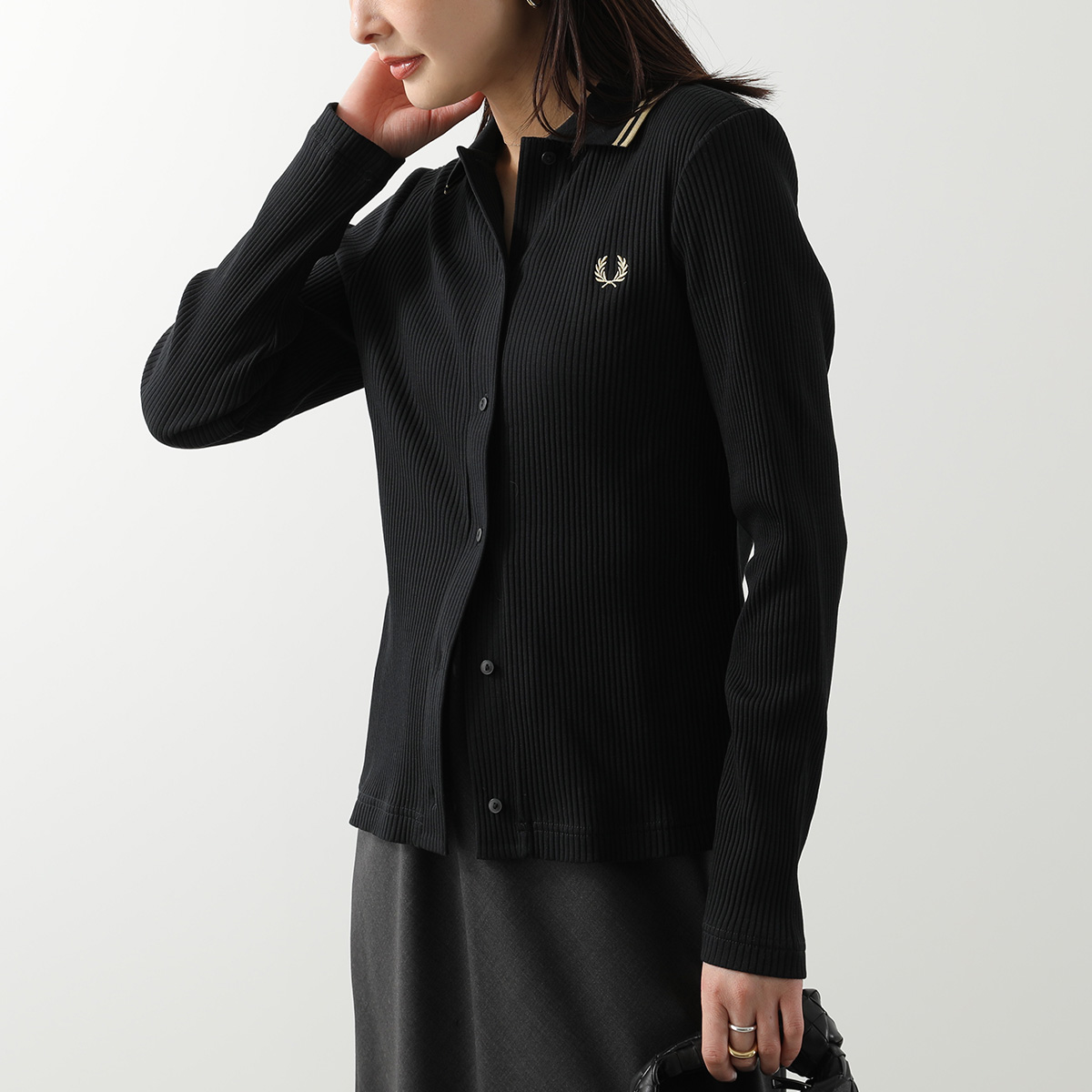 未使用　FRED PERRY フレッドペリー ポロシャツ 黒　刺繍　38 FRED PERRY（フレッドペリー） ポロシャツ Button Through Rib Polo