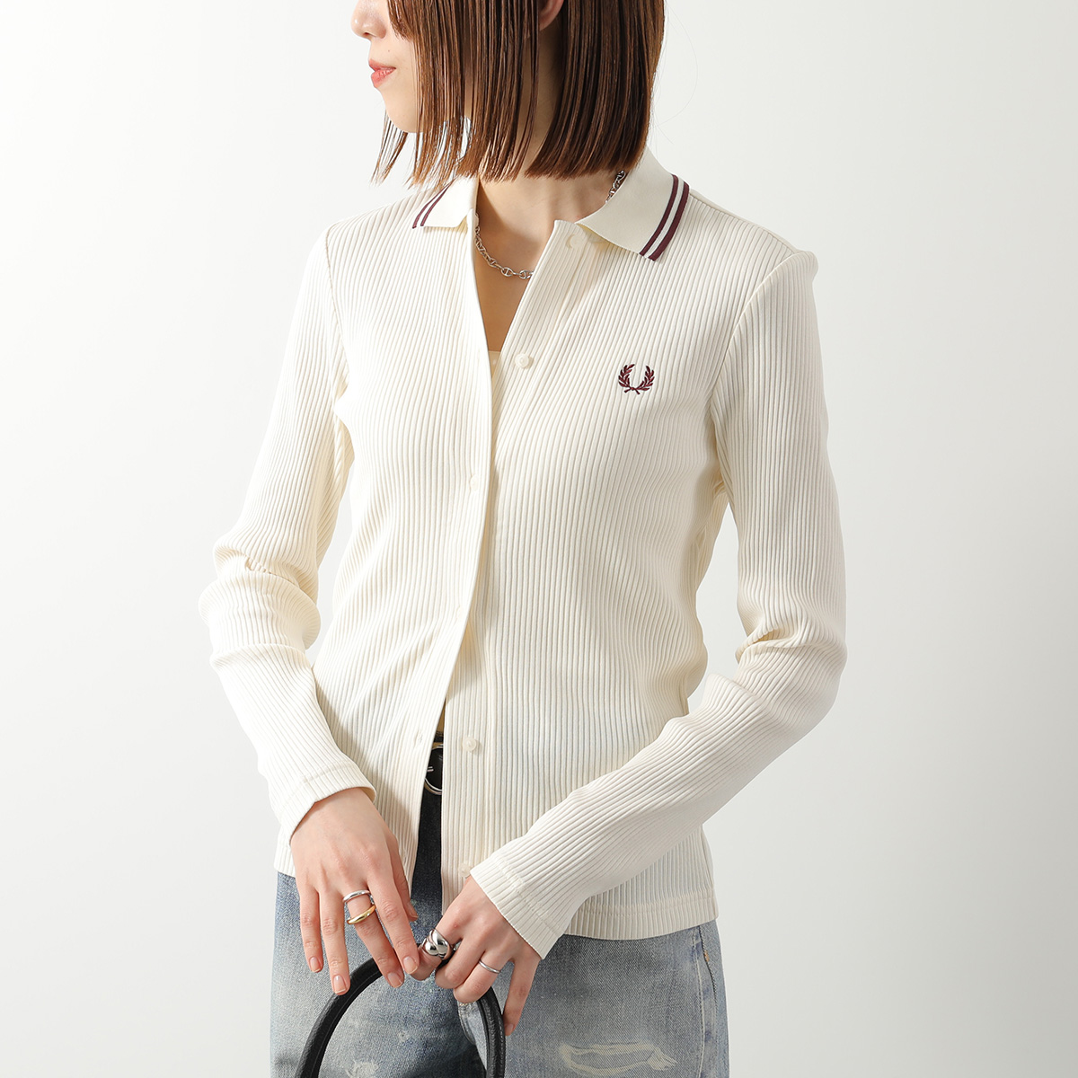 FRED PERRY フレッドペリー ポロシャツ 長袖 刺繍ロゴ ベージュ L FRED PERRY（フレッドペリー） ポロシャツ Button Through Rib Polo