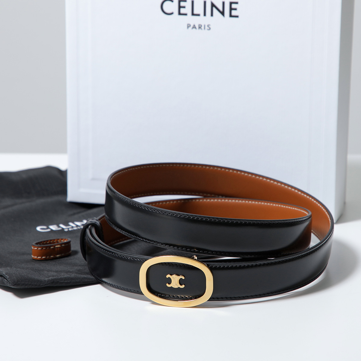 CELINE セリーヌ ベルト 45BMU3APC.38TA メンズ レザー リバーシブル ミディアム 2.5cm ダブルフェイス トリオンフ BlackTanの画像