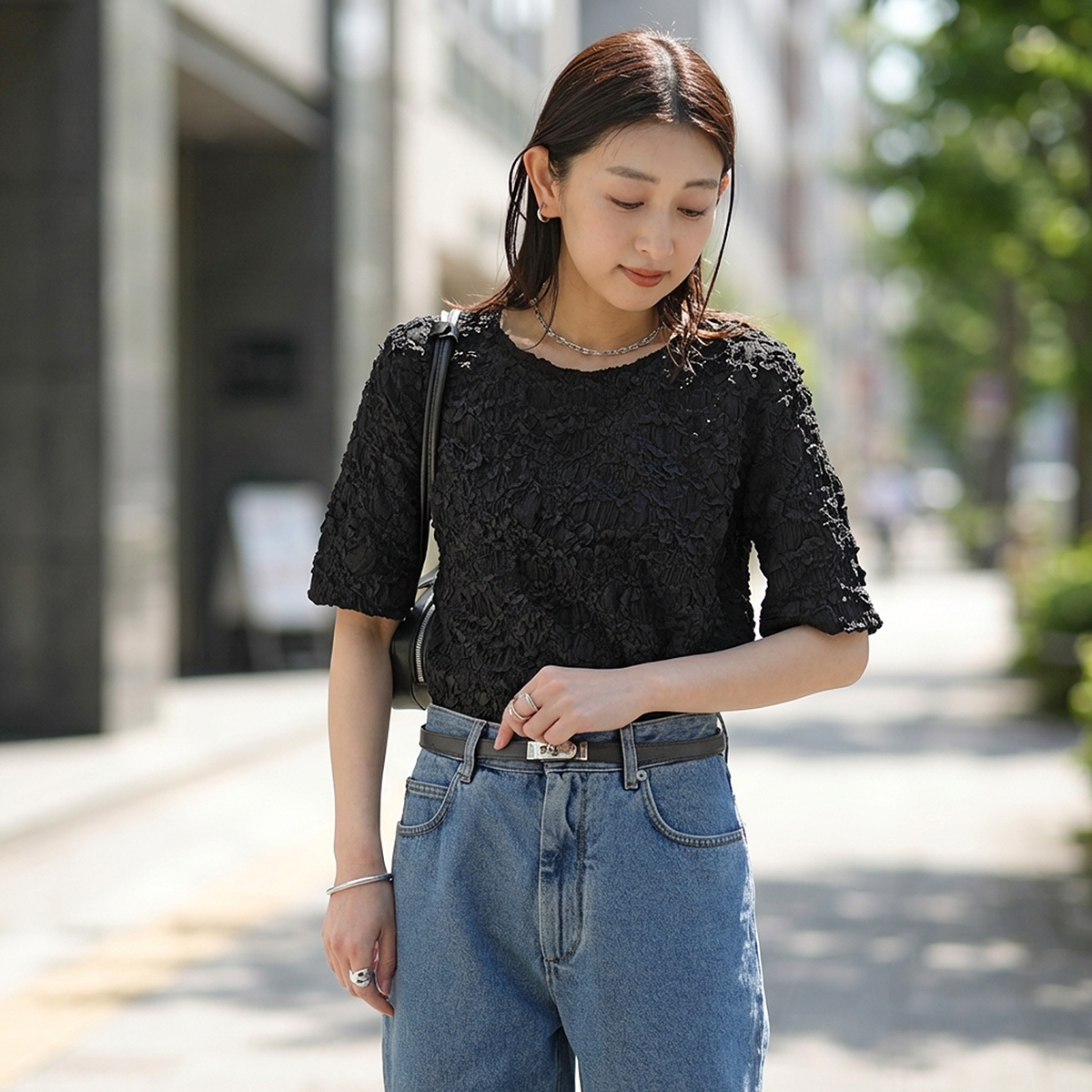 ドゥロワー 21年製 コットンレースクルーネックトップス カットソー 半袖 黒 ドゥロワー 21年製 コットンレースクルーネックトップス カットソー