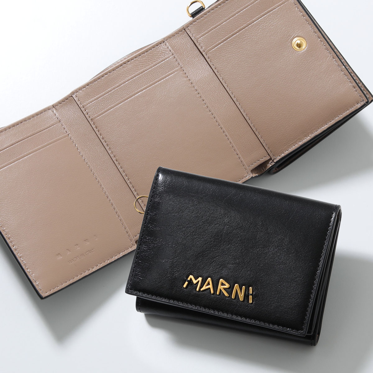 MARNI マルニ ウォレット 財布 ネックストラップ ナイロン ブラウン ブラウン レザー製三つ折りウォレット、マルニメンディング刺繍入り