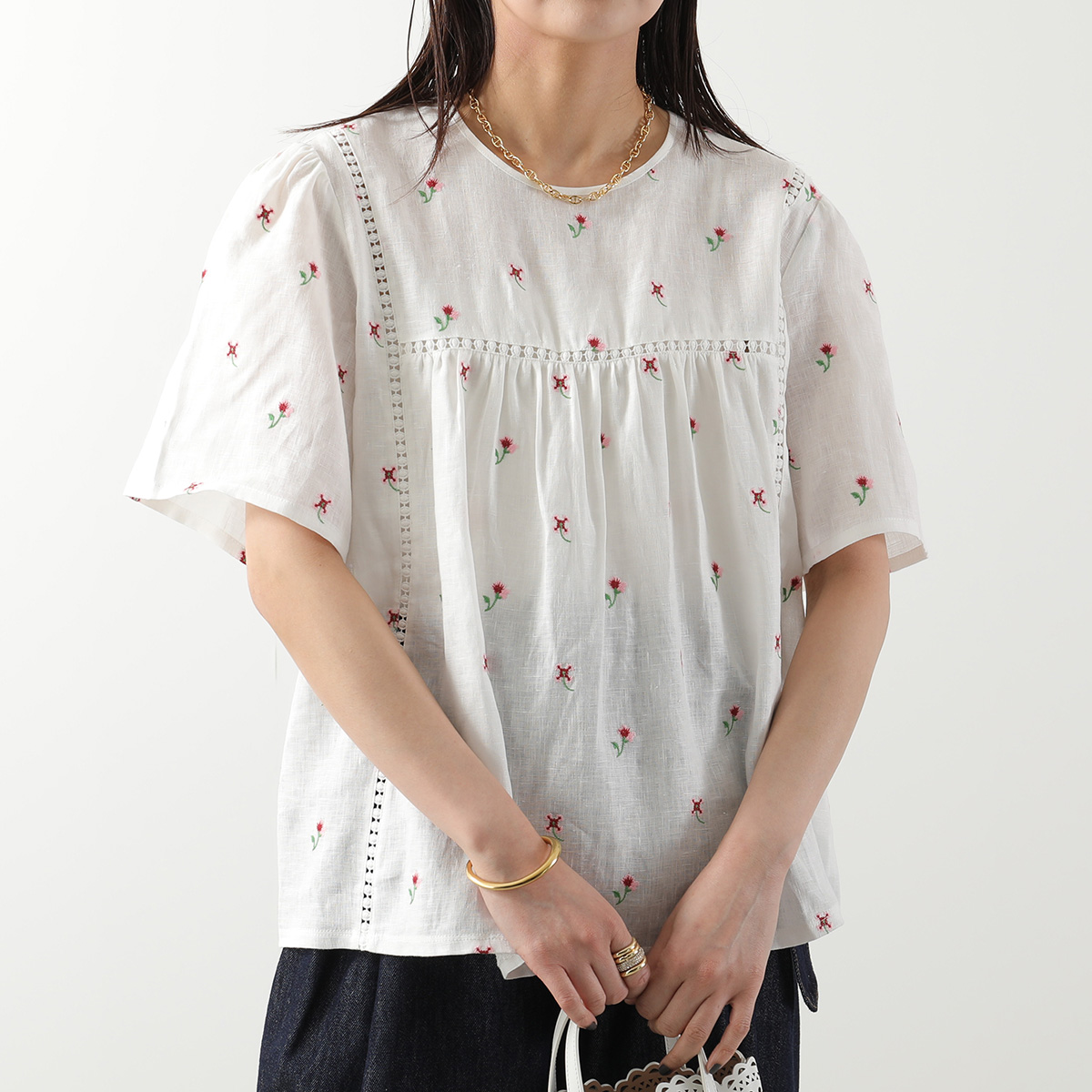 WEEKEND MAX MARA ウィークエンド マックスマーラ ブラウス BACINO バチーノ レディース リネン キャンバス ギャザー フラワー 刺繍 半袖の画像