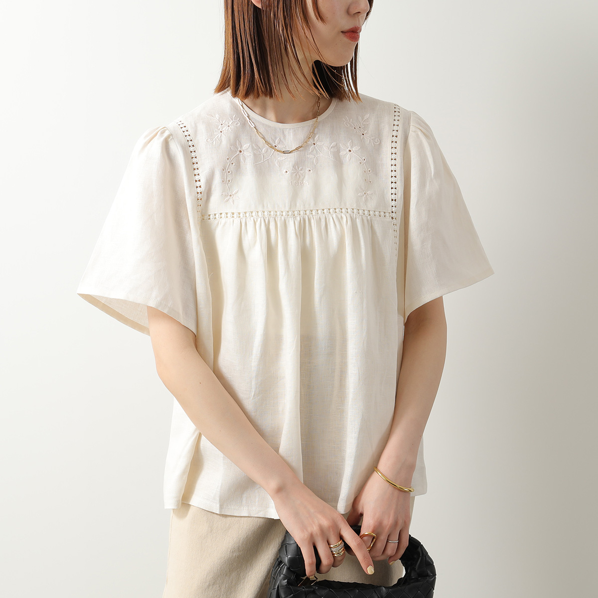 WEEKEND MAX MARA ウィークエンド マックスマーラ ブラウス BACINO バチーノ レディース リネン キャンバス ギャザー フラワー 刺繍 半袖の画像