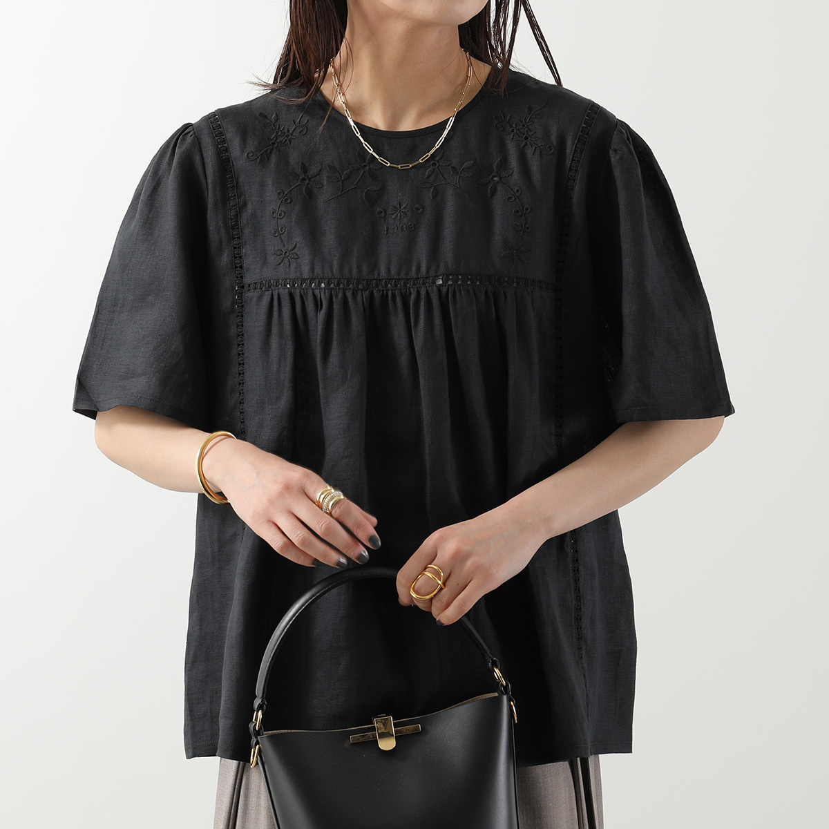 WEEKEND MAX MARA ウィークエンド マックスマーラ ブラウス BACINO バチーノ レディース リネン キャンバス ギャザー フラワー 刺繍 半袖の画像