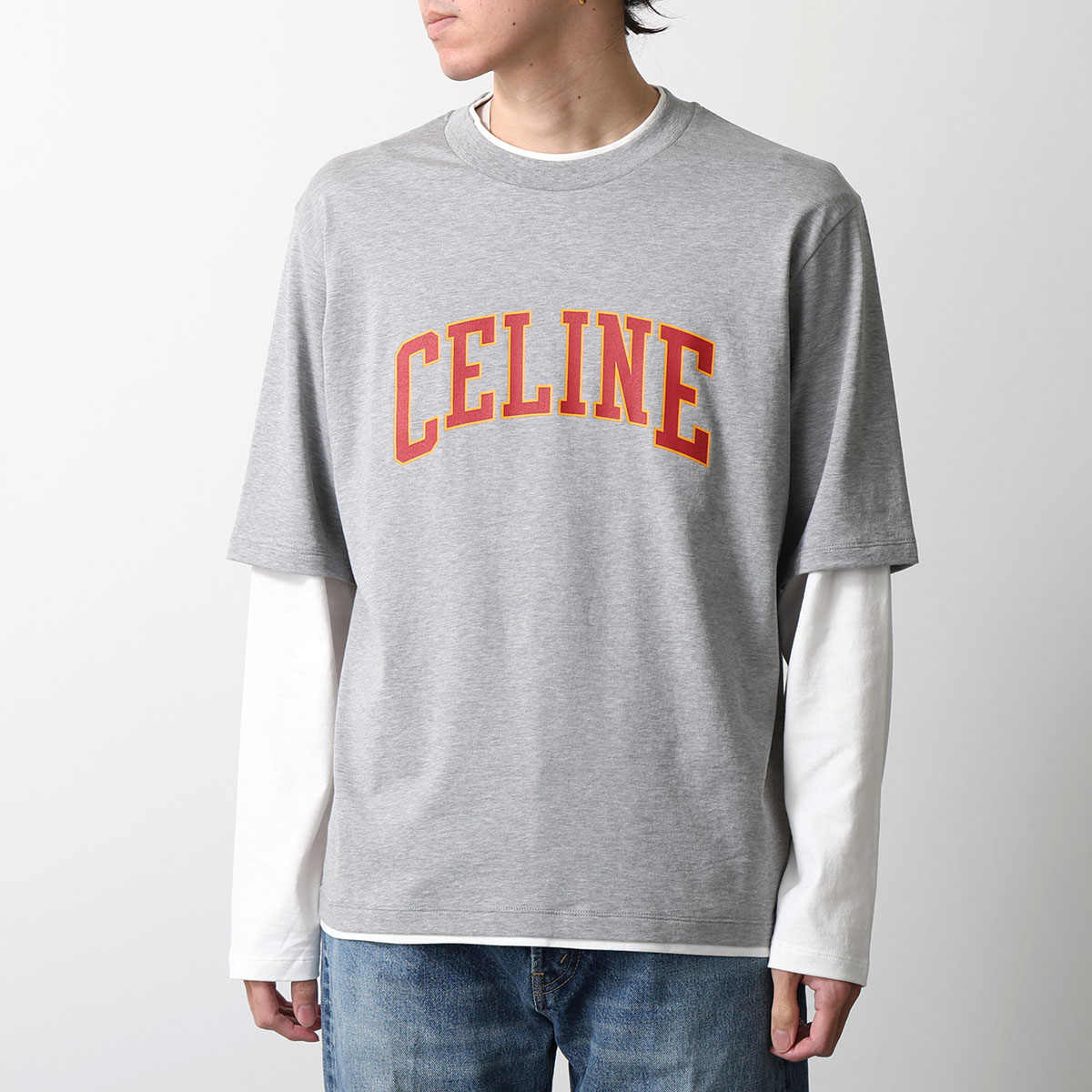 CELINE セリーヌ Tシャツ RX0AU671Q.09NP メンズ 長袖 カットソー ロゴT ロンT クルーネック コットン レイヤード グレーの画像