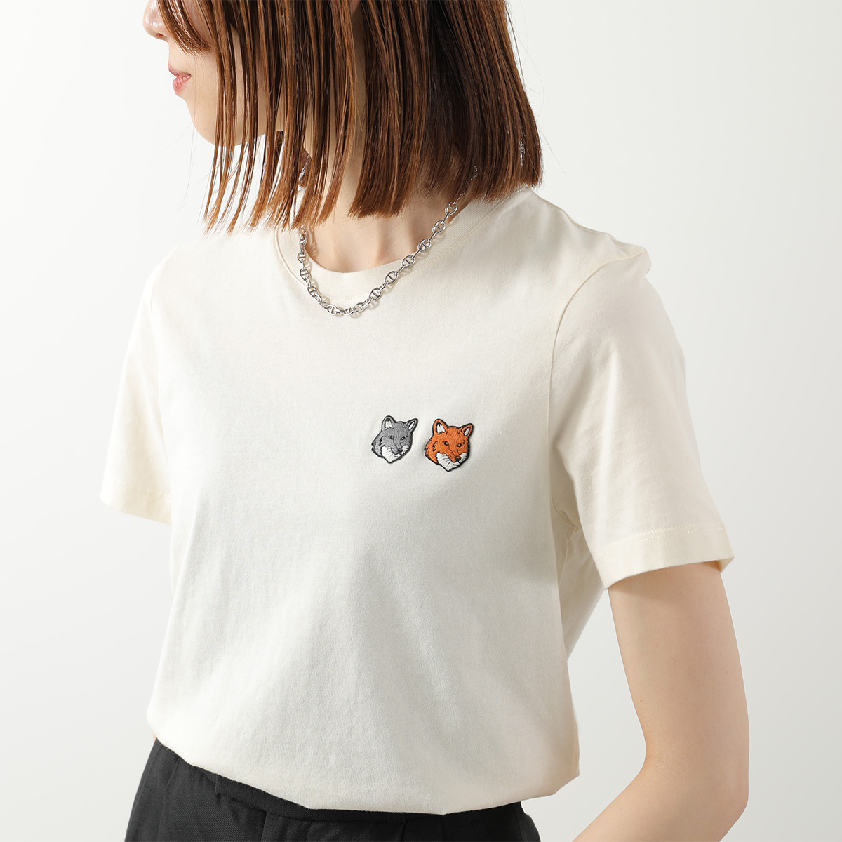 メゾンキツネ レディースTシャツ Maison Kitsune (メゾン キツネ) キツネ刺繍 クルーネック 半袖 T