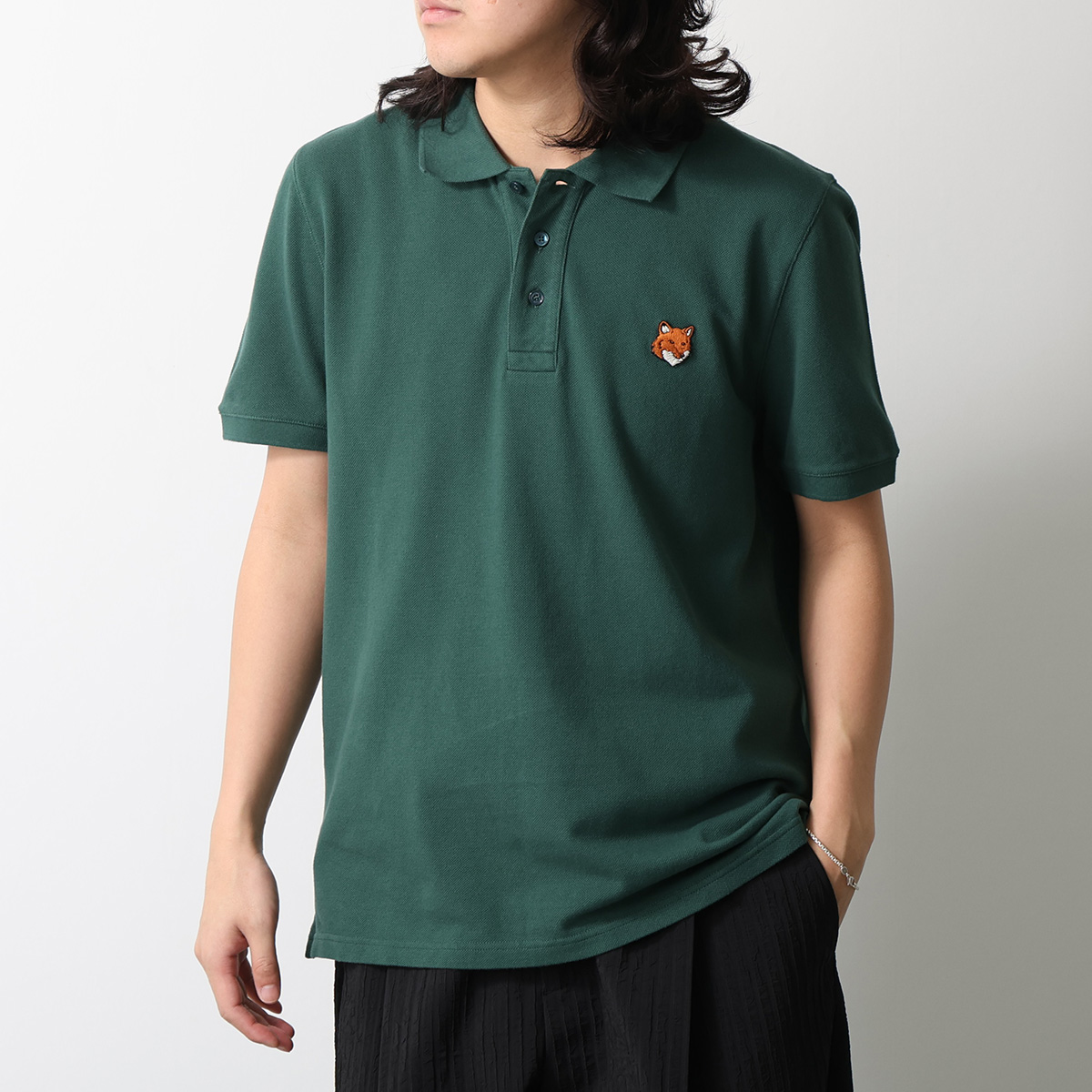 MAISON KITSUNÉ オリーブ ニットポロシャツ M MAISON KITSUNE（メゾン キツネ） ポロシャツ FOX HEAD フォックス