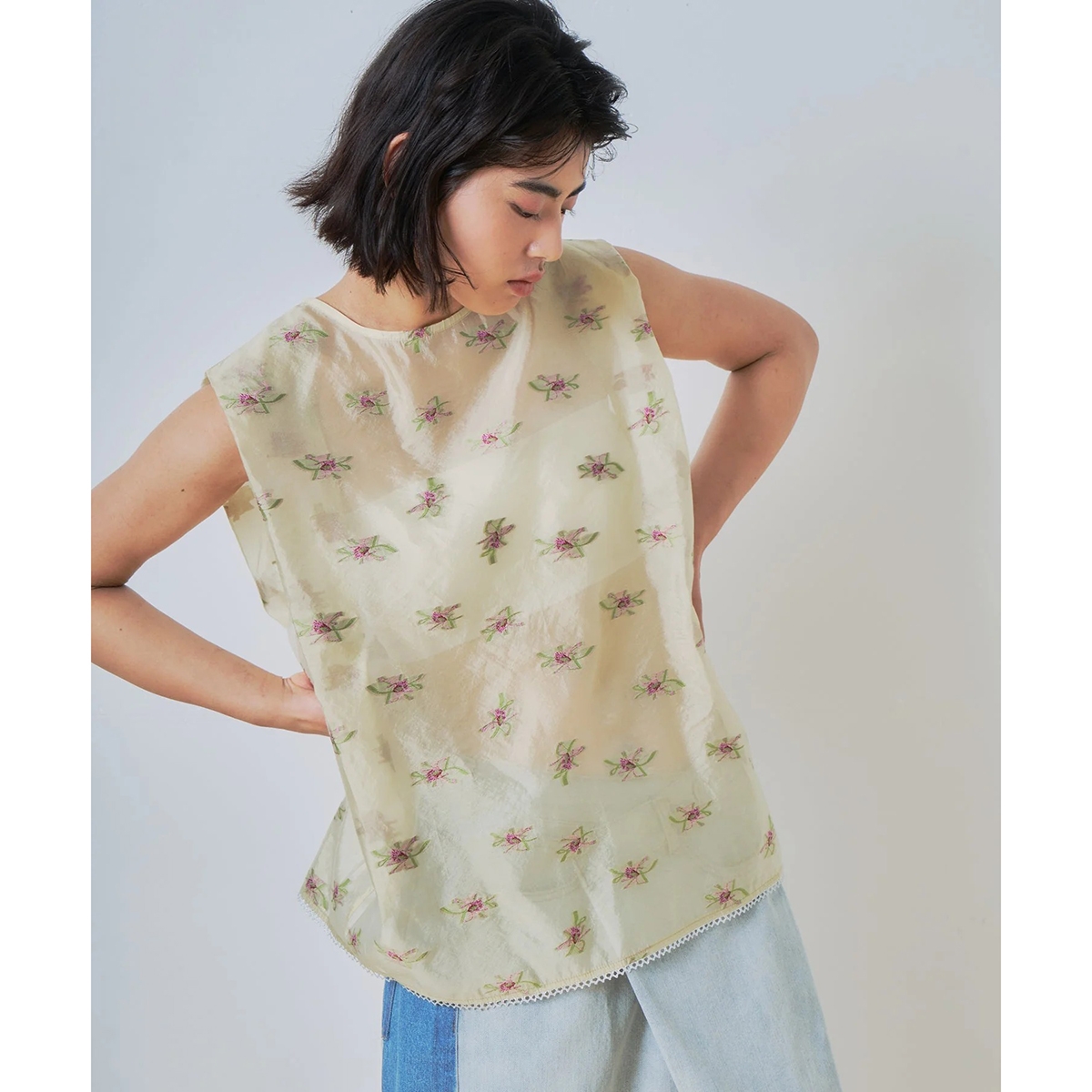 WHYTO（ホワイト） WHYTO. ブラウス back open sheer flower blouse 