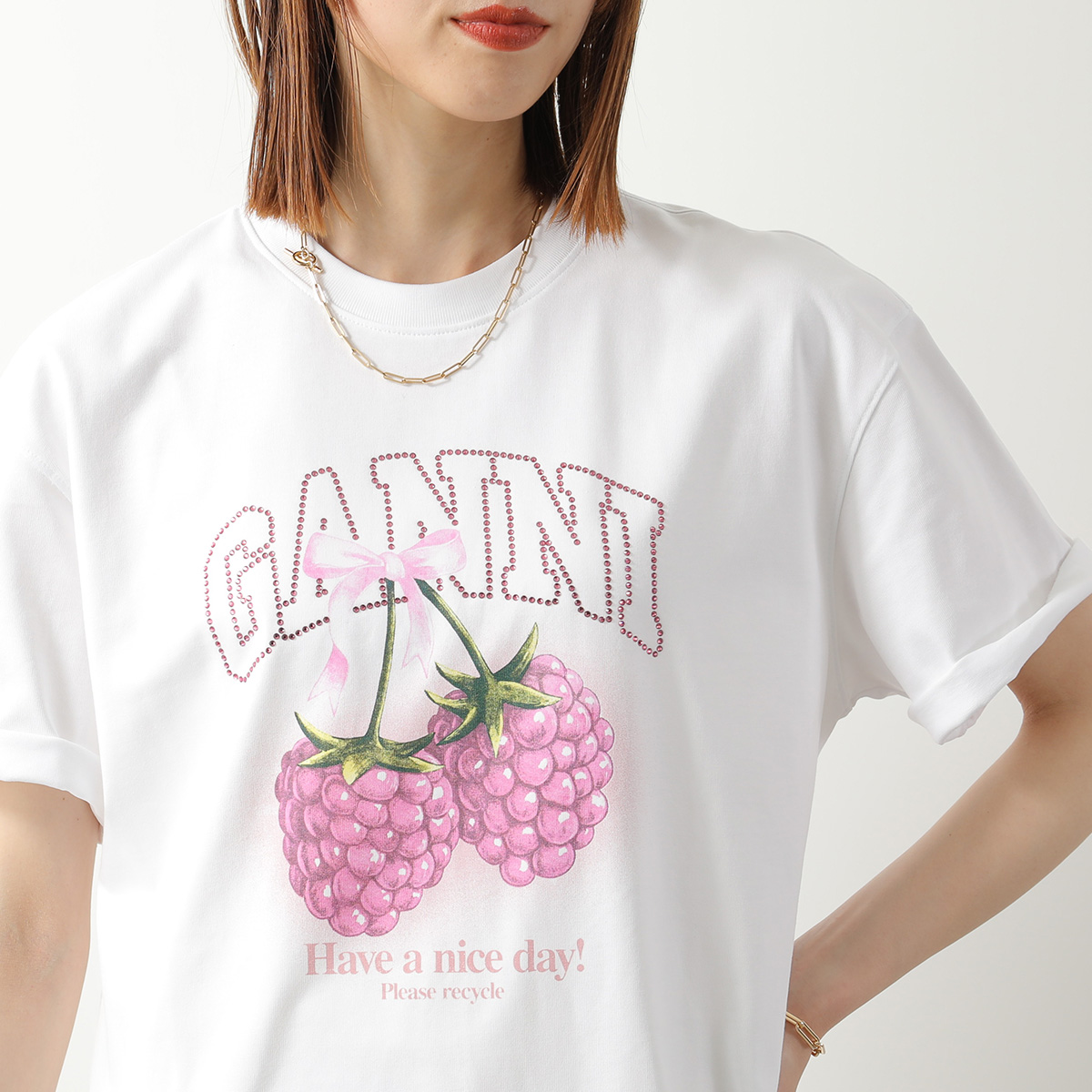 GANNI ガニー Tシャツ Heavy Cotton Jersey Raspberry A1050140 11038 レディース ロゴ コットン ラインストーン 半袖 クルーネック 151/Bright-Whiteの画像