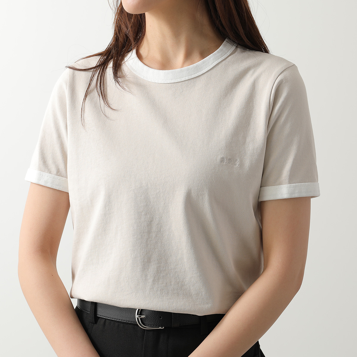 APC A.P.C. アーペーセー Tシャツ crop manche courte contraste COHBQ F26550 レディース 半袖 カットソー ロゴ刺繍 コットン クルーネックの画像