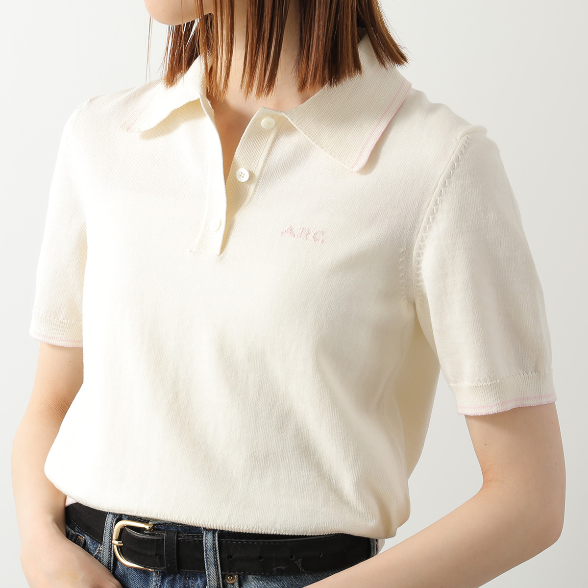 APC A.P.C. アーペーセー ポロシャツ COEZJ F23514 レディース 半袖 コットン ニット ニットポロ ロゴ刺? AAD/ECRUの画像