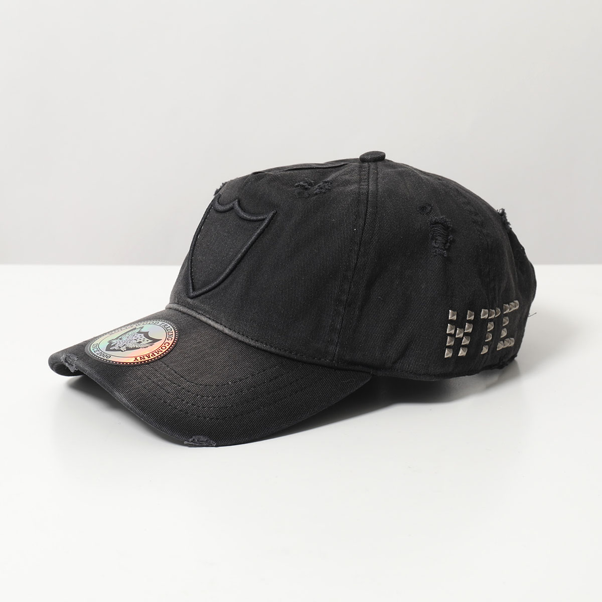 スタッズ付き ダメージ加工 キャップ 黒 パンク ロック グランジ 帽子 クラッシュデニムキャップ/グランジストリート系/ダメージ加工