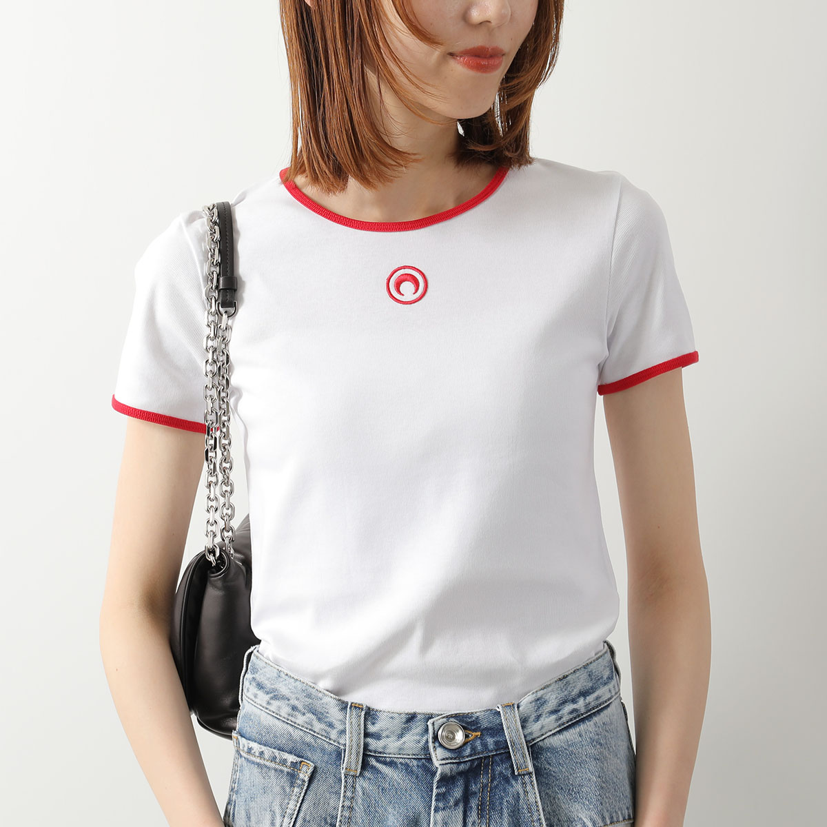Marine Serre マリーン セル リンガーTシャツ Moon Logo Bicolor Jersey Ss T-Shirt UTT014A CJER0008 レディース ムーンロゴ 半袖 WH17/WHITE/REDの画像
