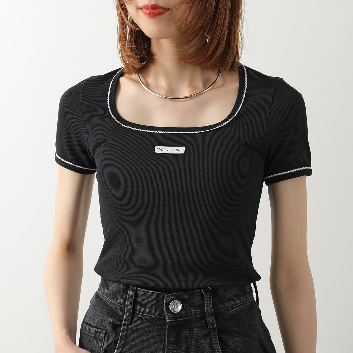 Marine Serre マリーン セル 半袖 Tシャツ Cute 70'S SS Squareneck T-Shirt WTT034A CJER0011 レディース ロゴ リブ スクエアネック BK99/BLACKの画像