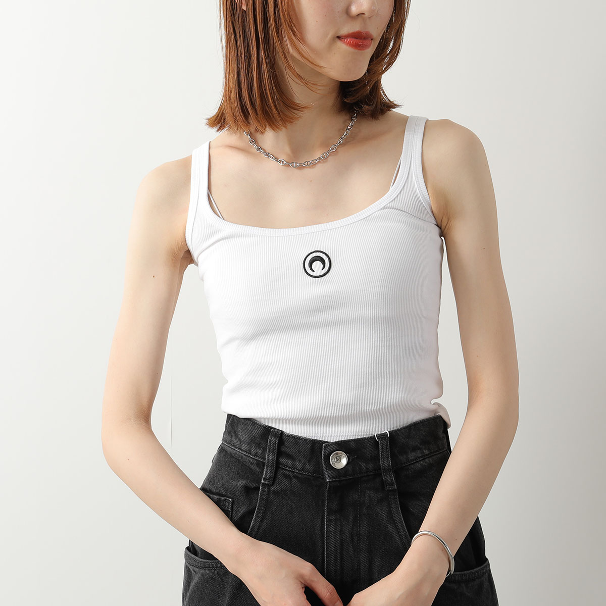 Marine Serre マリーン セル タンクトップ Moon Logo Ribbed Jersey Crop Tank Top WTO507A CJER0011 レディース ムーンロゴ 刺繍 リブ クロップド丈の画像