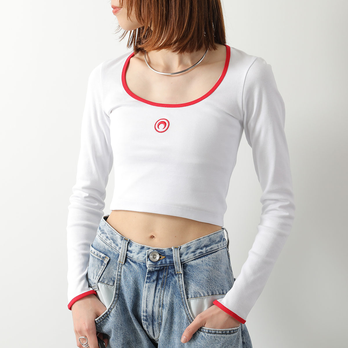 Marine Serre マリーン セル Tシャツ Moon Logo Bicolor Jersey LS Roundneck T-Shirt WTT033A CJER0008 レディース ムーンロゴ 長袖 クロップド丈の画像