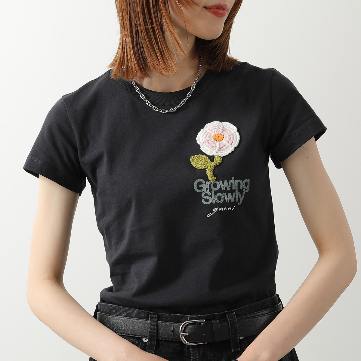 GANNI ガニー Tシャツ Basic Cotton Jersey Baby Fit A1050178 11026 レディース カットソー ミニT クロシェ刺繍 フラワー コットン クルーネックの画像