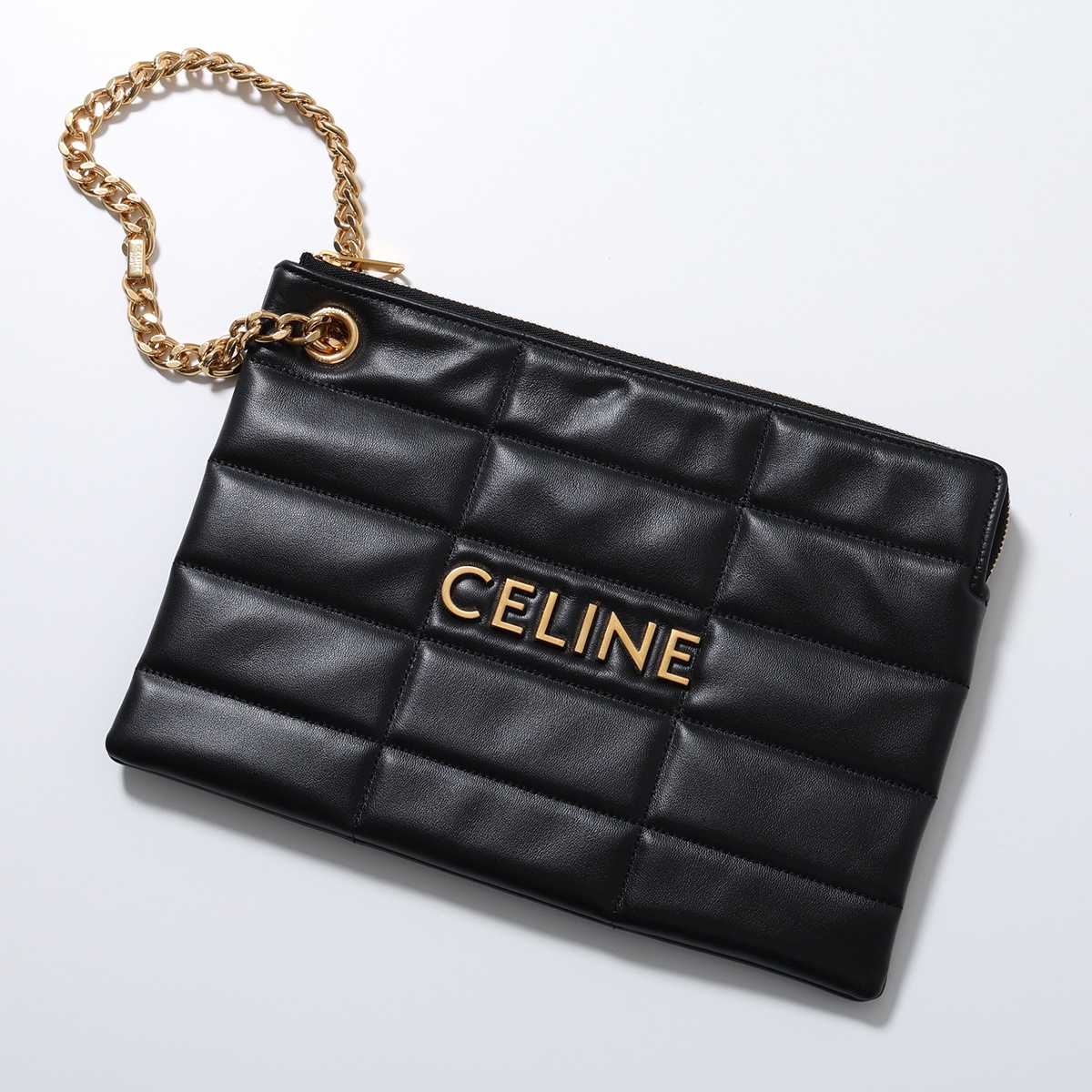 CELINE セリーヌ クラッチバッグ 10L583EWJ.38NO メンズ レザー  キルティング ロゴ チェーン リストレット付き ポーチ 鞄 ブラックの画像