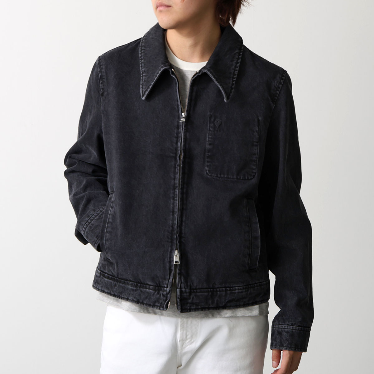 ami paris アミパリス デニムジャケット HJK904.DE0124 メンズ ハートロゴ刺繍 ジップアップ トーナル Ami De Coeur エンボス HJK904.DE0124.031の画像