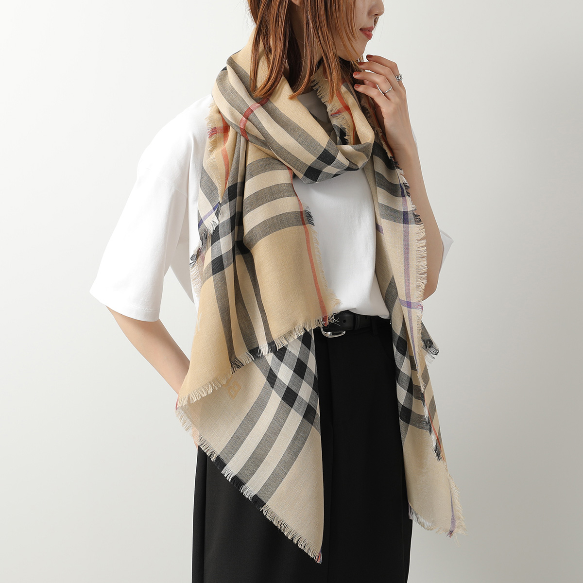 再値下げ　美品Burberry シルク100% チェック柄 ストール BURBERRY（バーバリー） ストール 220×70 8085867 レディース ワイド