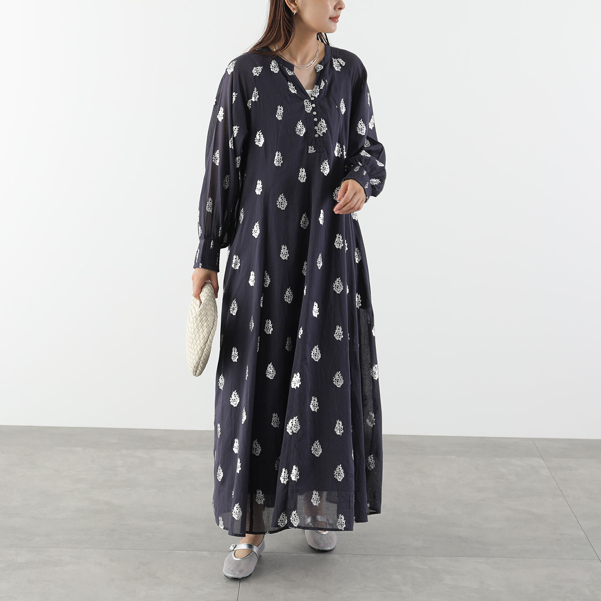 ne Quittez pas ヌキテパ ワンピース Cotton Voile Foil Flower Print Sleeve Dress 010400CM2 レディース ロング丈 ドレス 長袖
