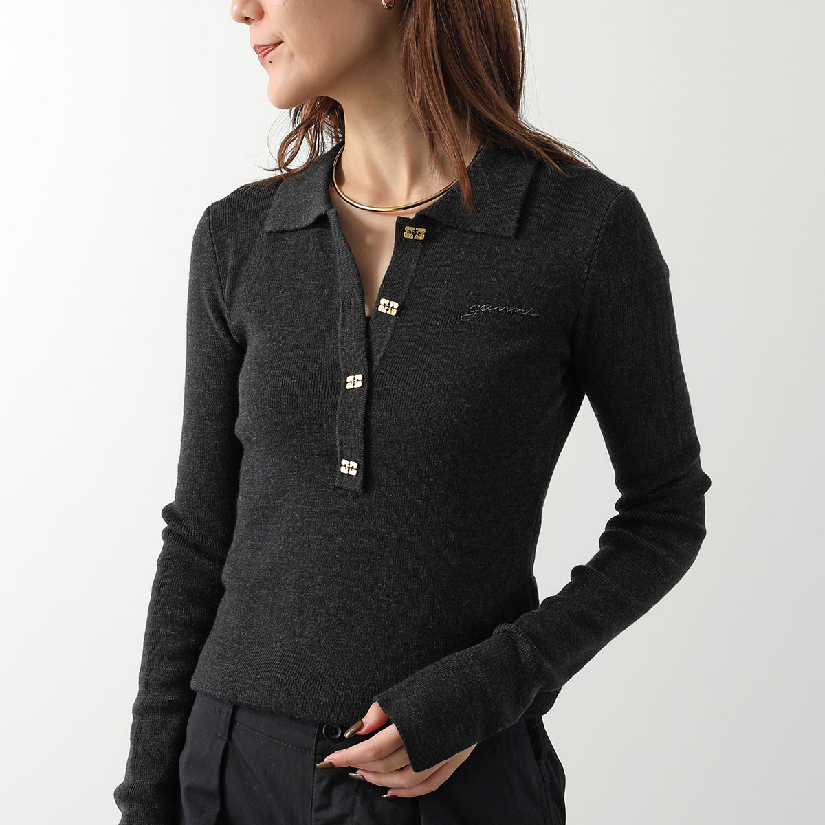 GANNI（ガニー） ポロニット Mini Ribbed Merino Polo A1070125