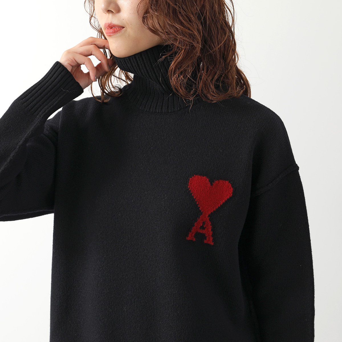 【美品】ami ハイネックニット ハート ロゴ コットン ウール ブラック M位 AMI Alexandre Mattiussi ami paris アミパリス セーター UKS839.018