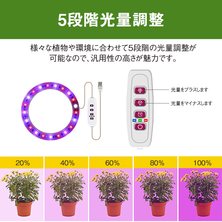 植物育成ライト,one,head,植物ライト,LED成長ライト,屋内植物,フルスペクトル,5V,USB,エンジェルリング,植物ライト,室内栽培,観葉植物,植物成長促進用ランプ,野菜,日照不足解消