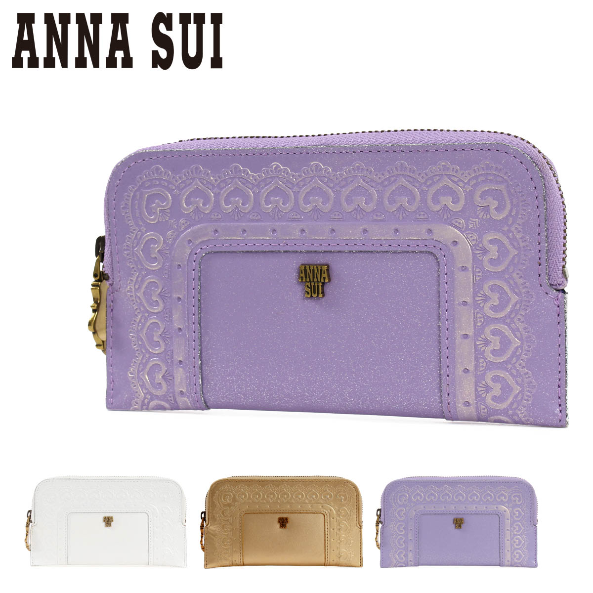 アナスイ ミニ財布 本革 マルチケース レディース 317402 フレームアーツ ANNA SUI 薄い 薄型 コンパクト カード収納 レザー 牛革  ラメ エンボス レース 型押し