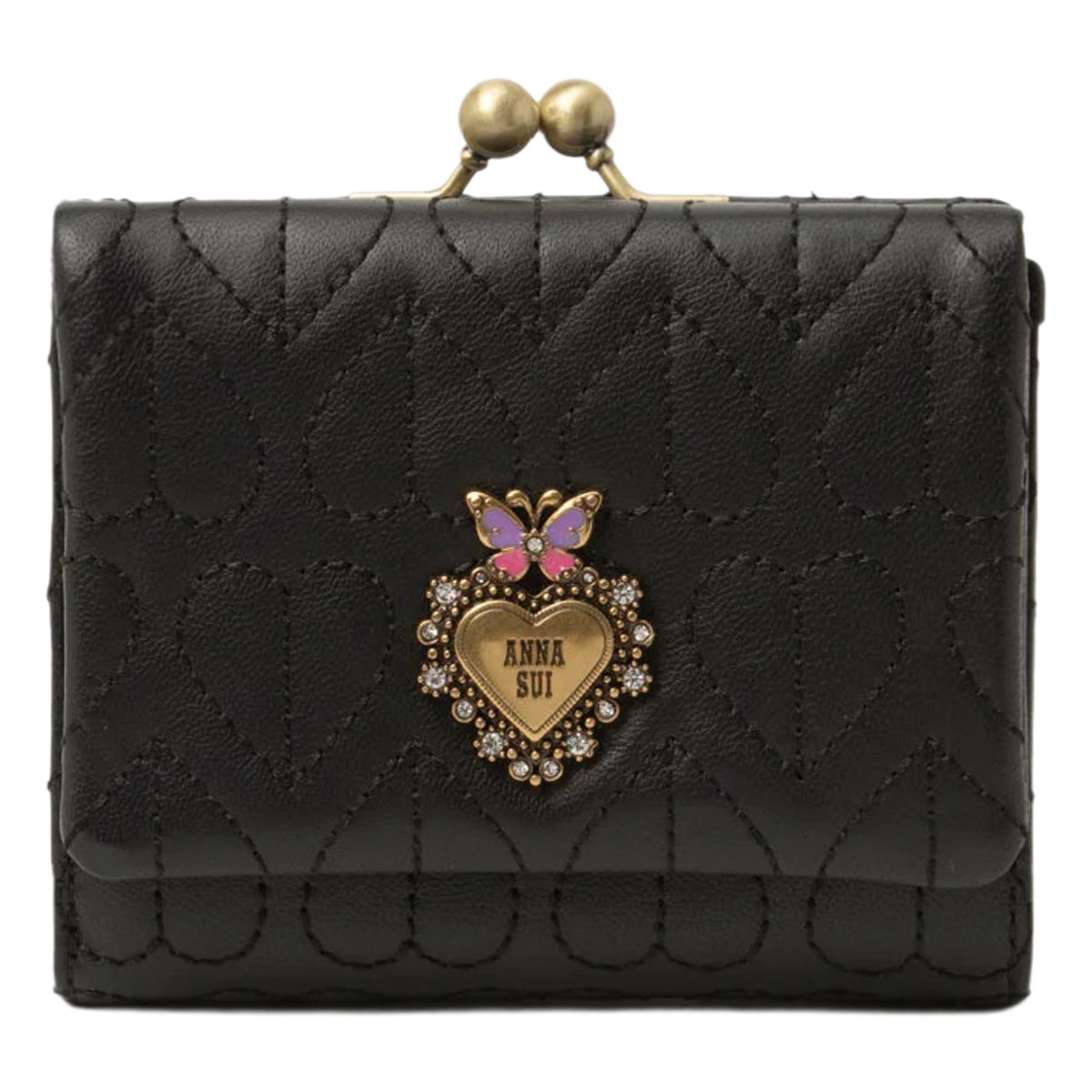 アナスイ 二つ折り財布 ガマ口 本革 レディース ドリーミー 318342 ANNASUI コンパクト ミニ財布 羊革 山羊革 刺繍 ハート キルト キルティング レザーの画像