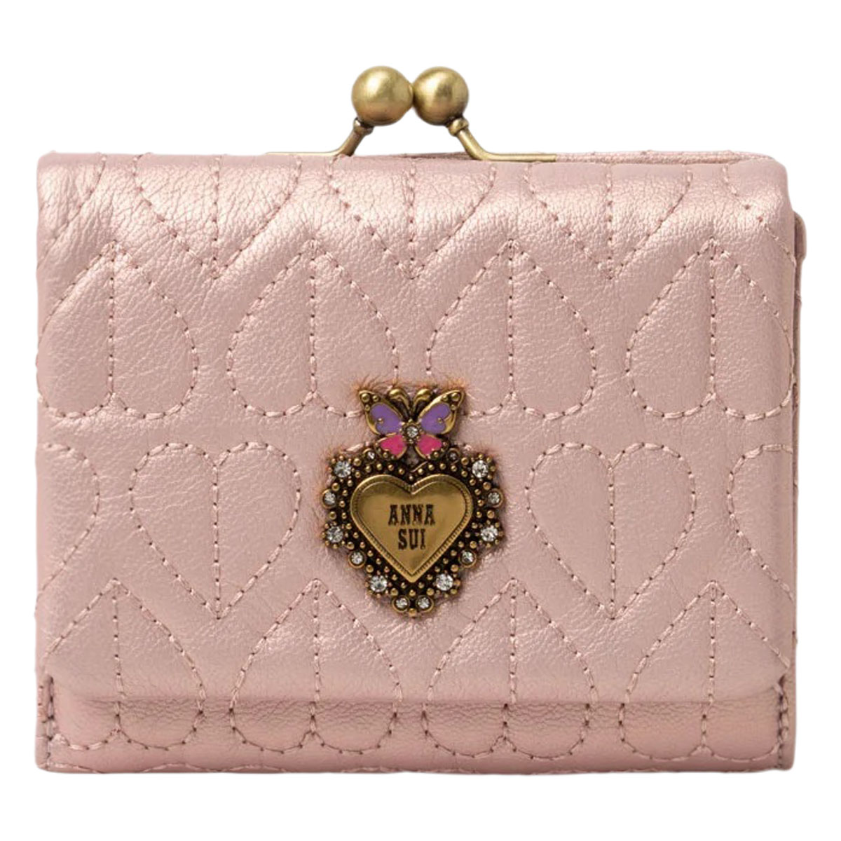 アナスイ 二つ折り財布 ガマ口 本革 レディース ドリーミー 318342 ANNASUI コンパクト ミニ財布 羊革 山羊革 刺繍 ハート キルト キルティング レザーの画像
