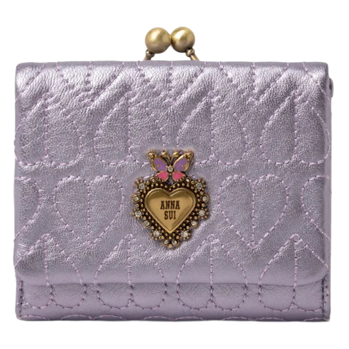 アナスイ 二つ折り財布 ガマ口 本革 レディース ドリーミー 318342 ANNASUI コンパクト ミニ財布 羊革 山羊革 刺繍 ハート キルト キルティング レザーの画像