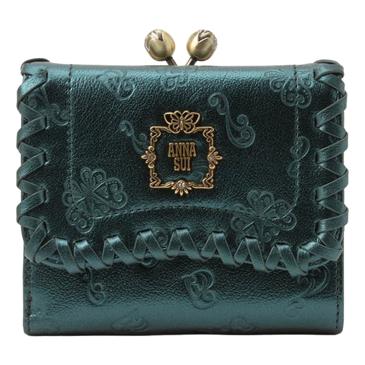 美品✨　アナスイ　折り財布　がま口　ヴィンテージローズ　黒　型押し　金具　人気 ANNA SUI（アナスイ） 二つ折り財布 がま口 レディース 本革 リンダ