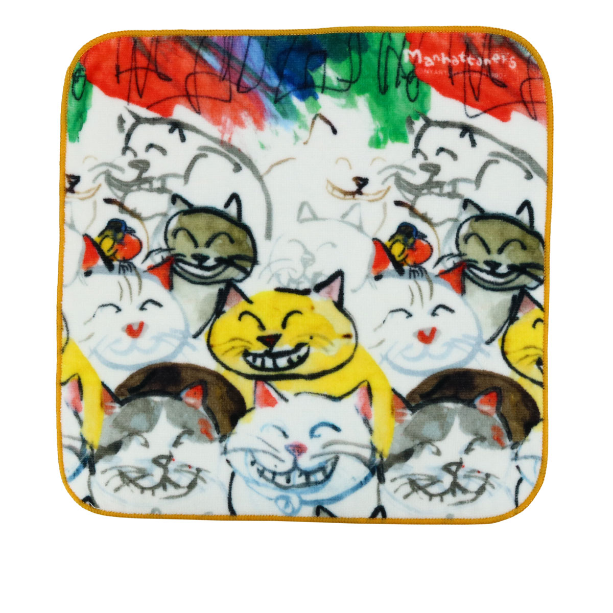 【新品☆未使用】マンハッタナーズ タオル　ハンカチ　 「ミケちゃんと藍染刺し子」 Manhattaner's タオルハンカチ | ミケちゃんと藍染刺し子 - 猫雑貨・猫