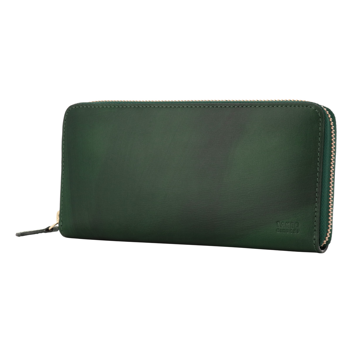 新品TAKEO KIKUCHI ダークグリーン レザー 長財布 TAKEO KIKUCHI タケオキクチ 長財布 ラウンドファスナー 本革