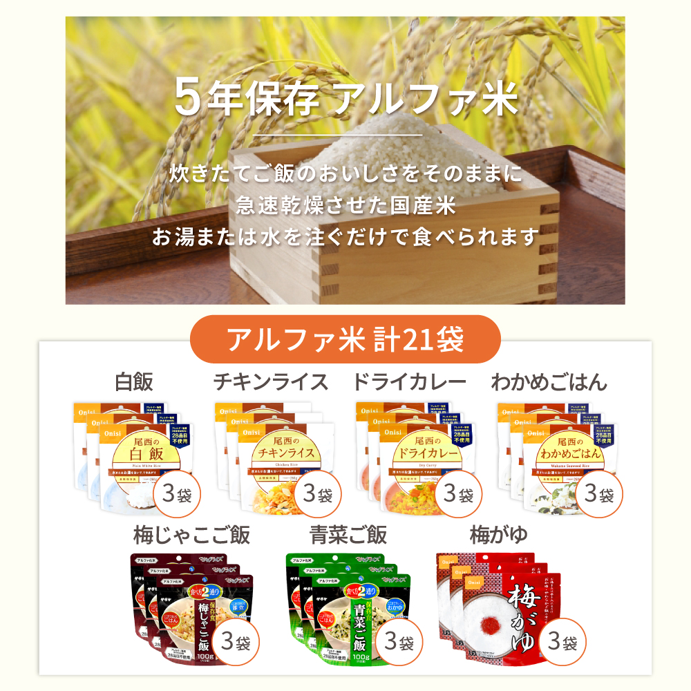 PEACEUP（ピースアップ） 非常食セット 3人用 7日分 63食 アルファ米