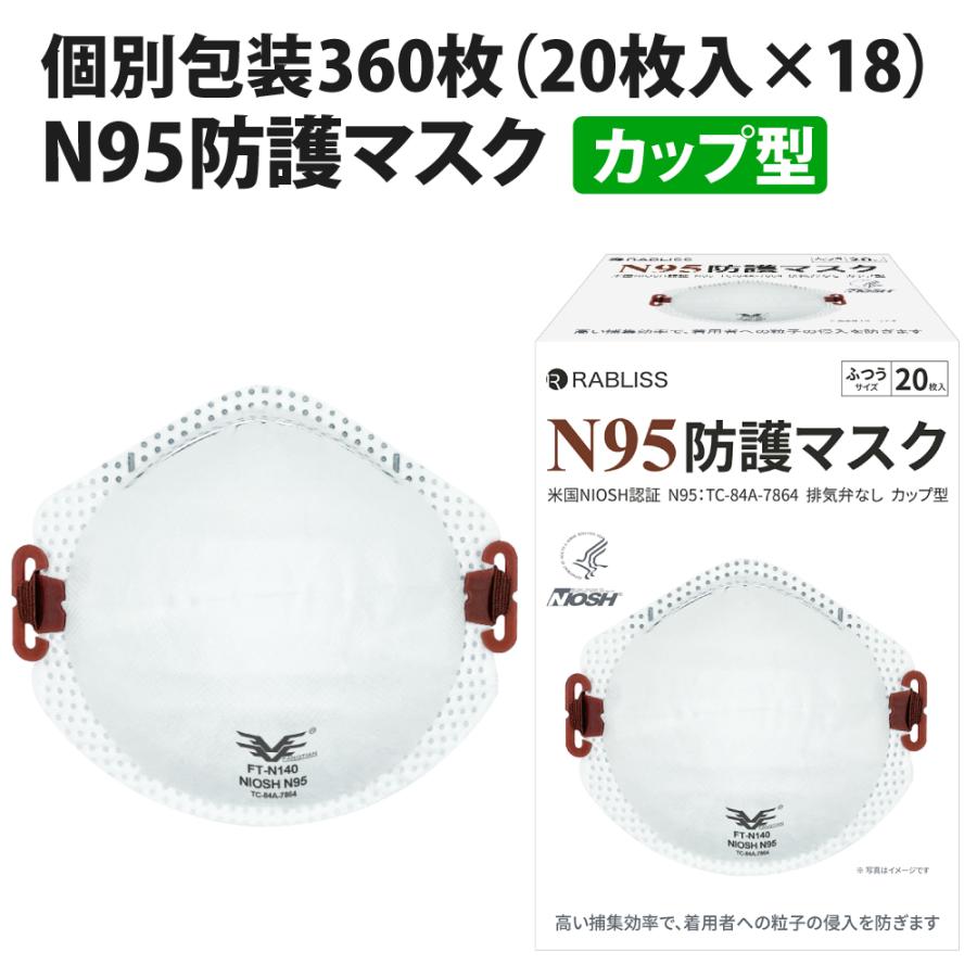 N95 マスク カップ型 3D立体構造お面式 計360枚 20枚入ｘ18箱  米国NIOSH認証 KO313｜safety-japan