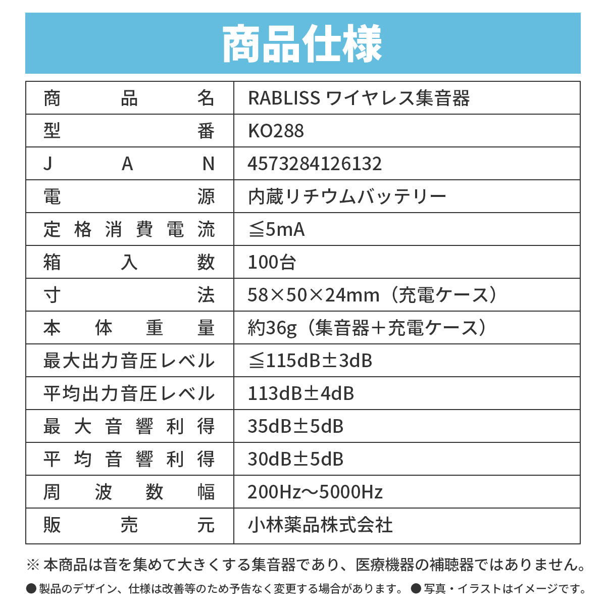 RABLISS ワイヤレス 集音器 イヤホン型 充電式 RABLISS KO288 小林薬品