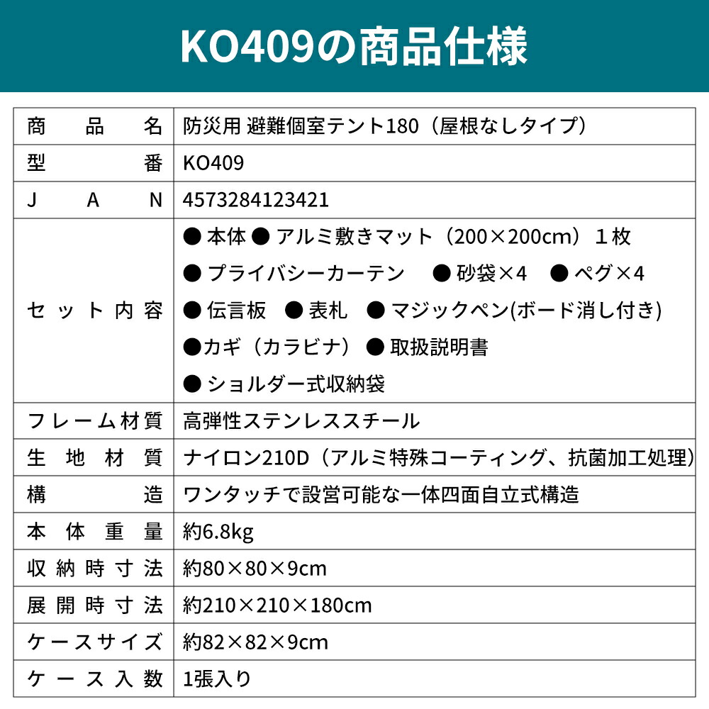 防災グッズ 防災用 避難個室テント180(屋根なしタイプ) 4個 間仕切り