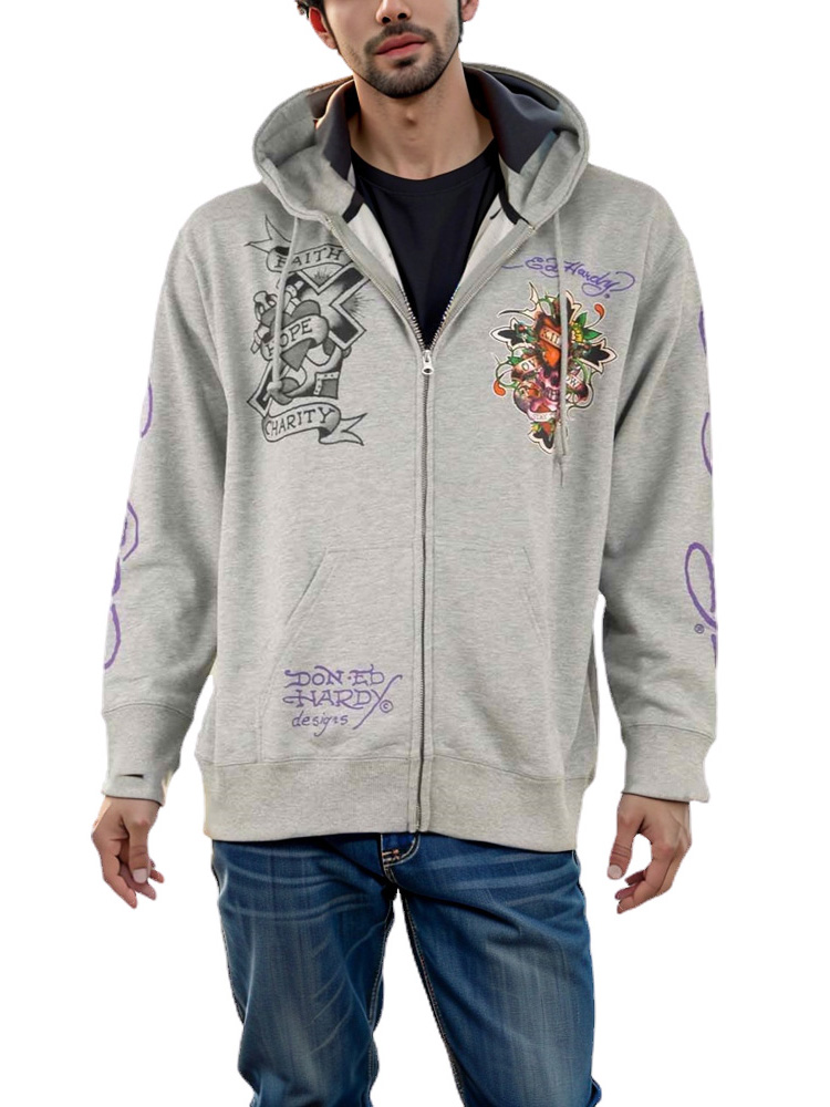 パーカー 大きいサイズ メンズ Ed Hardy ドクロ スカル プリント 刺繍