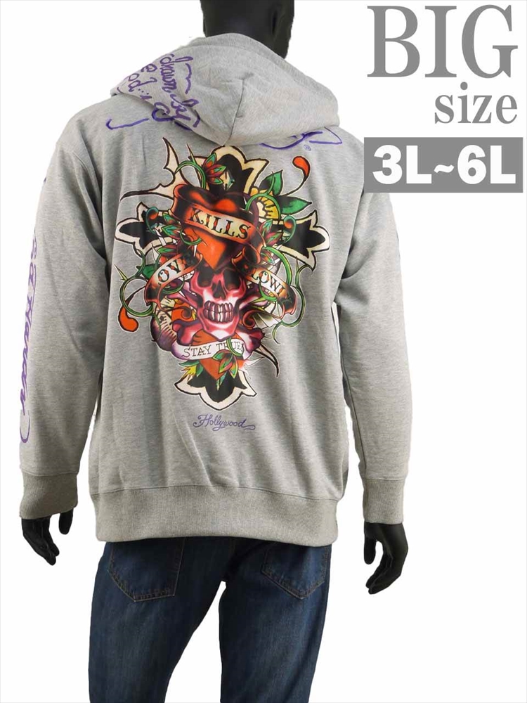 パーカー 大きいサイズ メンズ Ed Hardy ドクロ スカル プリント 刺繍