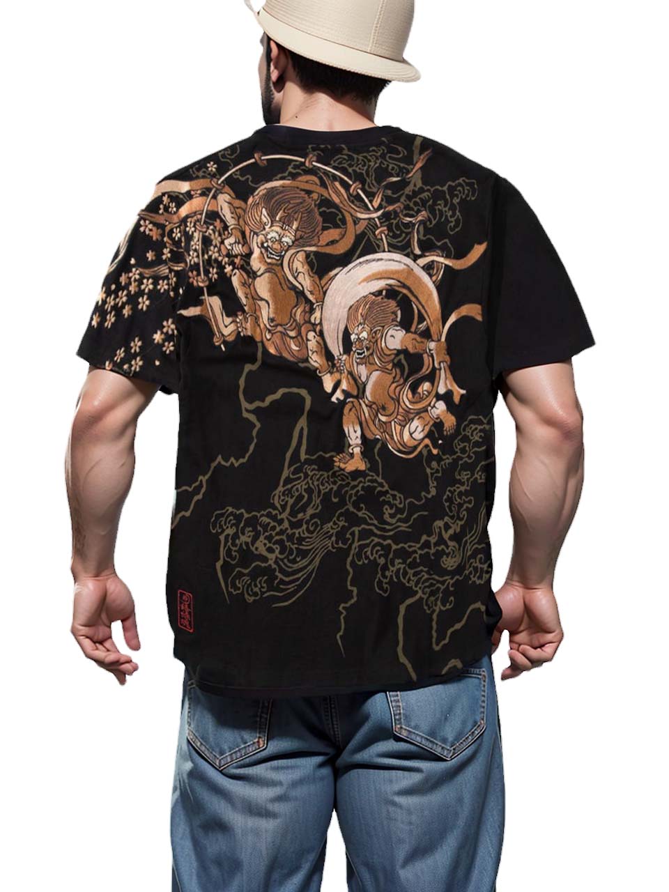 絡繰魂 Tシャツ 風神雷神 大きいサイズ メンズ 和柄 刺繍 プリントT