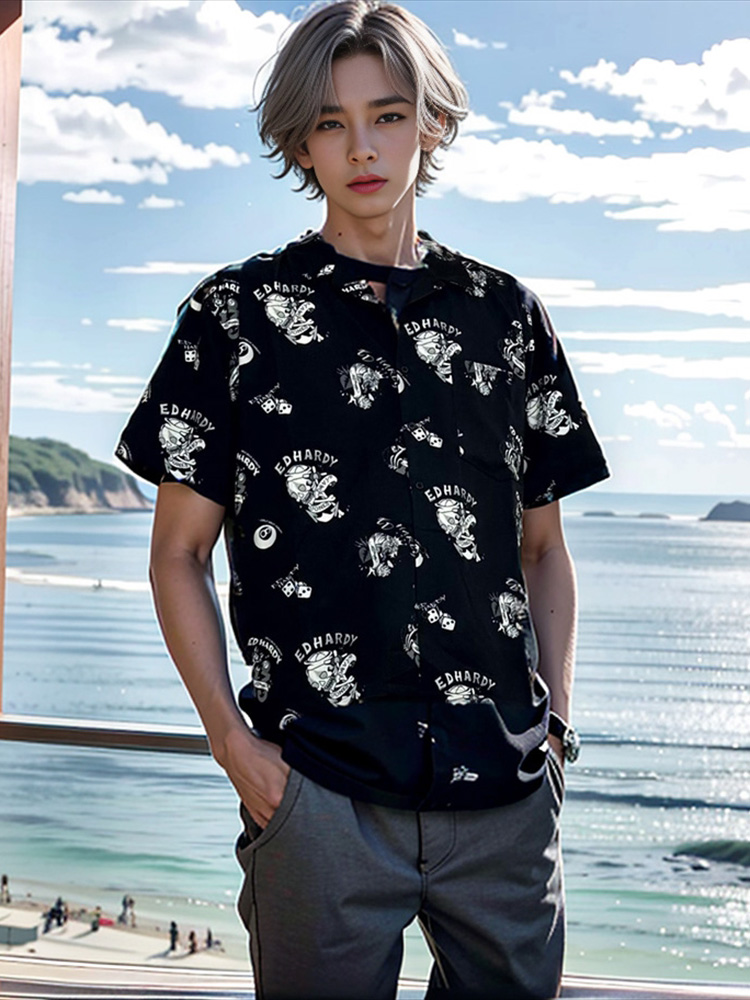 送料無料】メンズ 男性 服 トップス エドハーディー 総柄シャツ 半袖