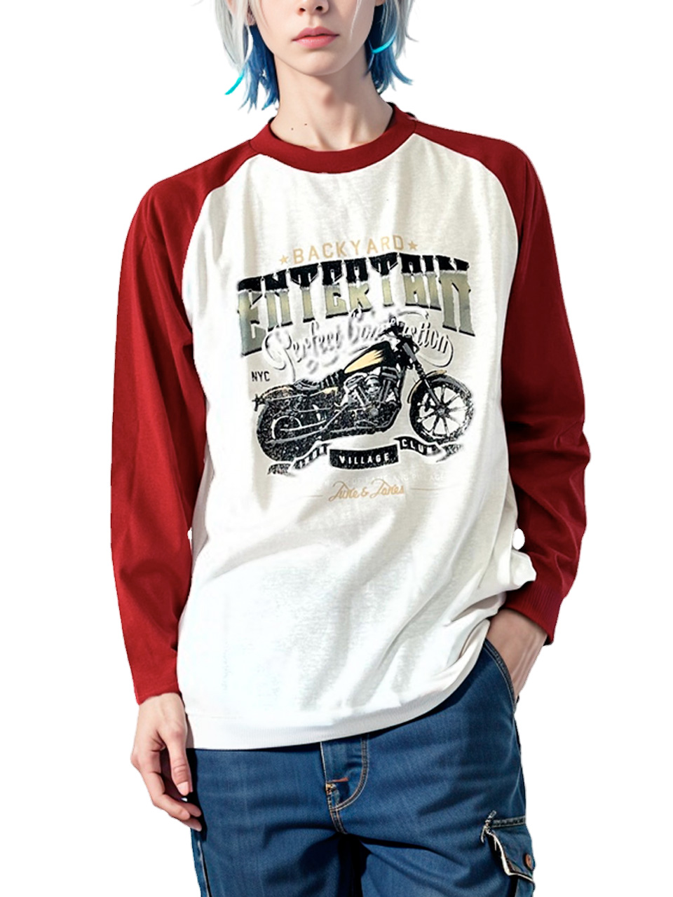 メンズ 男性 トップス プリントラグランTシャツ バイク ロゴ