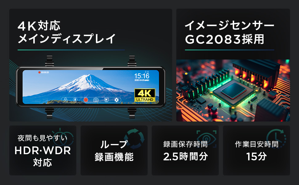 ドライブレコーダー ミラー型 4K 前後カメラ 11.26インチ IPS大画面