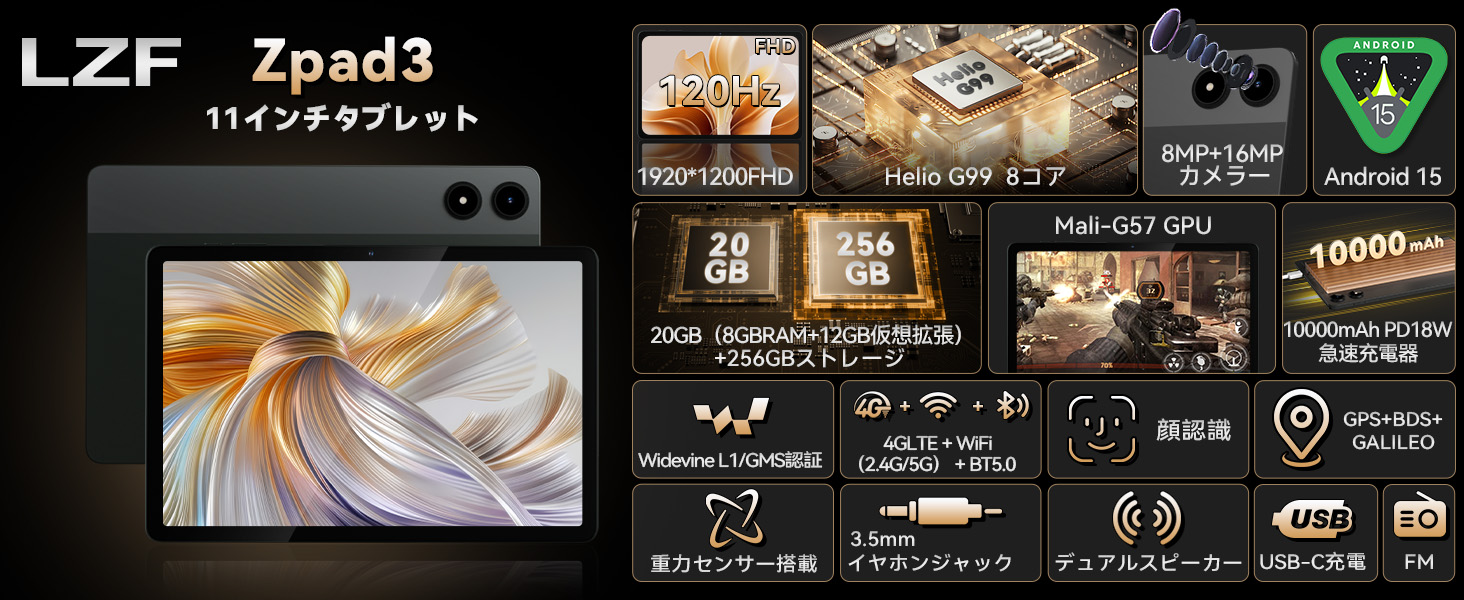 Androidタブレット 11インチ WiFi+BT5.0+GPS対応 Android 15搭載 SIM