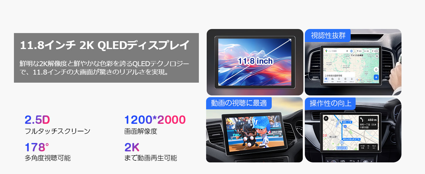 カーナビ 11.8インチ 2K タッチパネル 1DIN アンドロイドナビ 高性能
