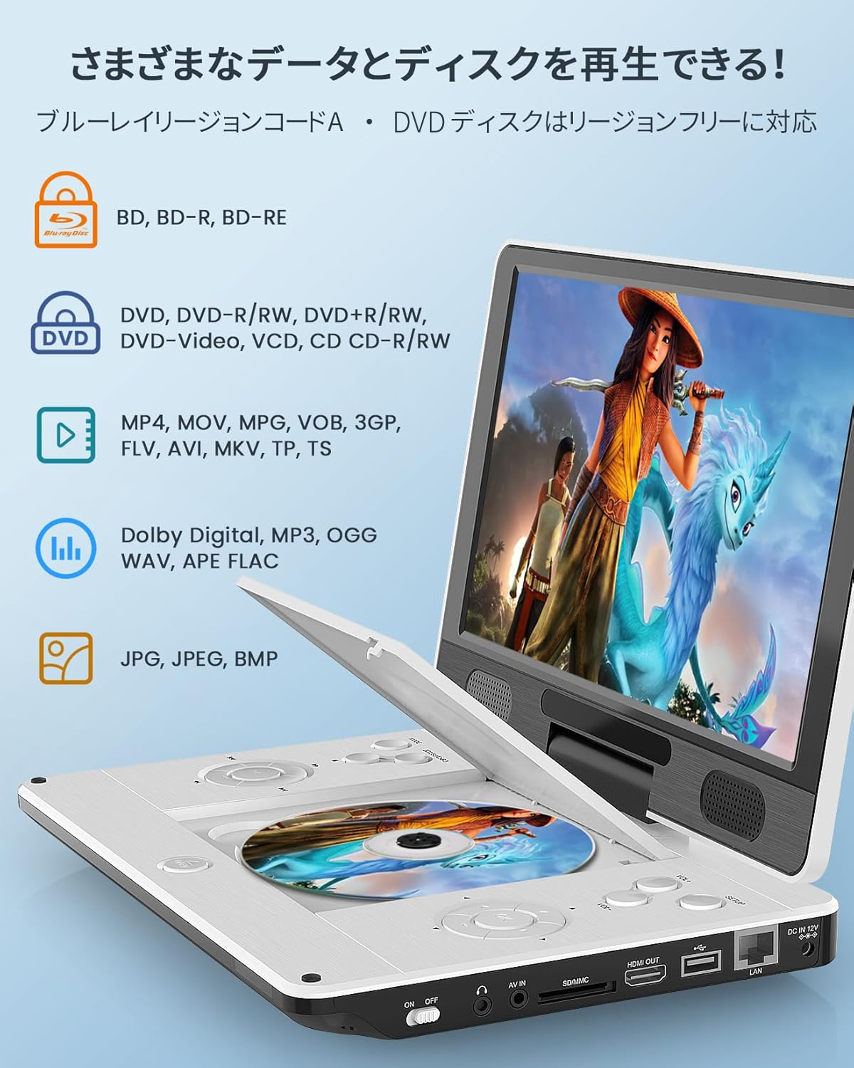ブルーレイ プレーヤー 12型 HDMI出力対応 高精細 11.4インチ TFT液晶
