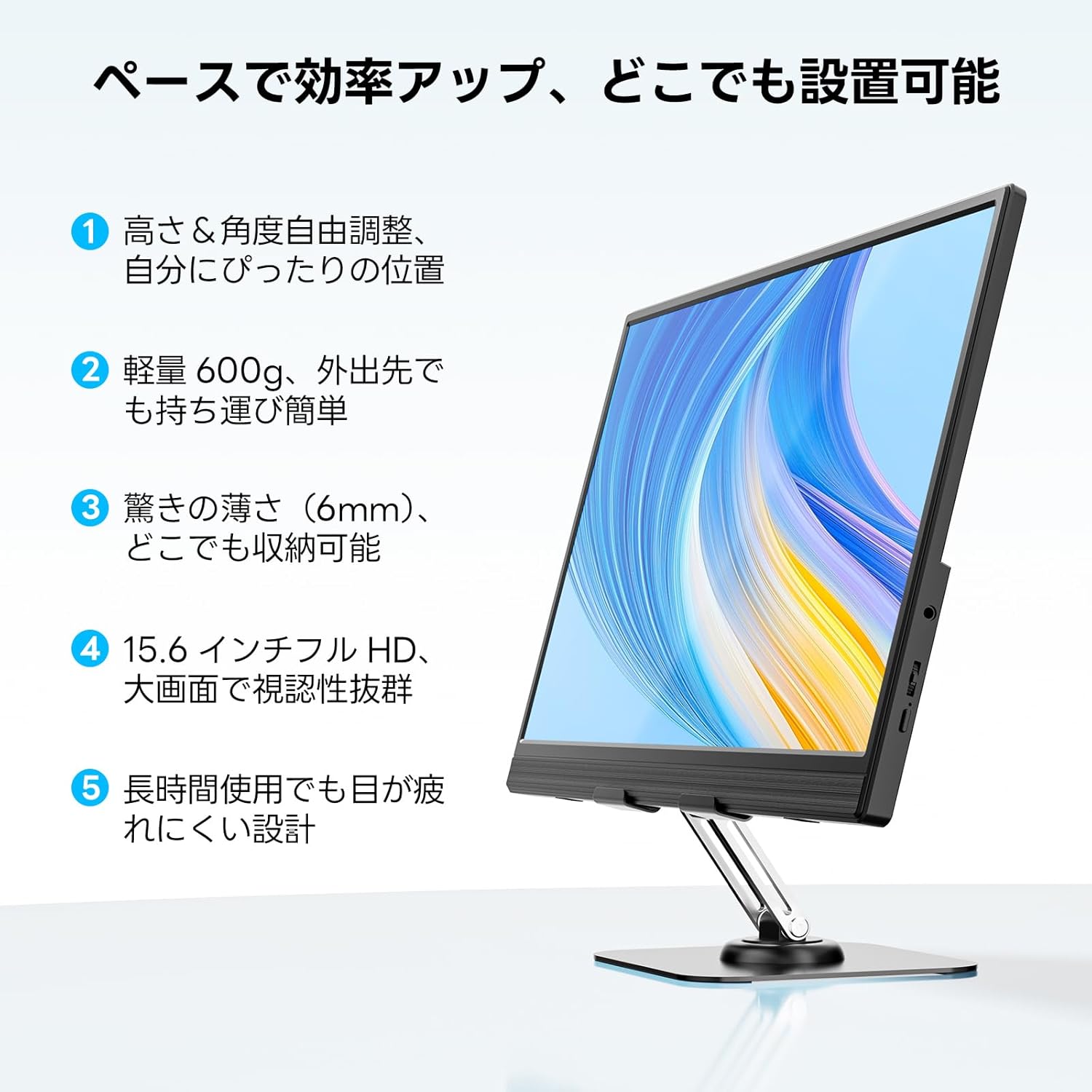 15.6インチ モバイルモニター 卓上/背面 スタンド付き IPSパネル 液晶